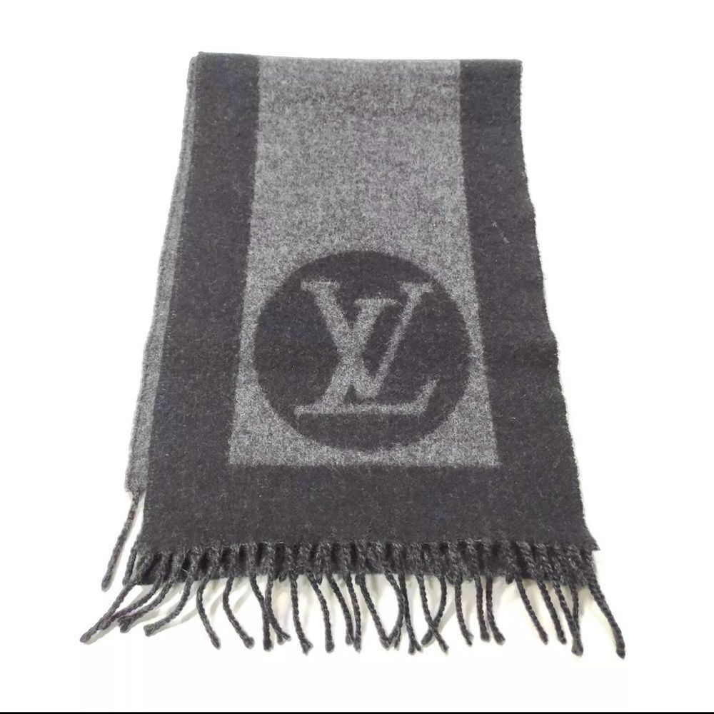 Authentic Louis Vuitton Gray Black Cashmere LV Monogram Baroda Scarf Stole Wrap - Picture 10 of 11